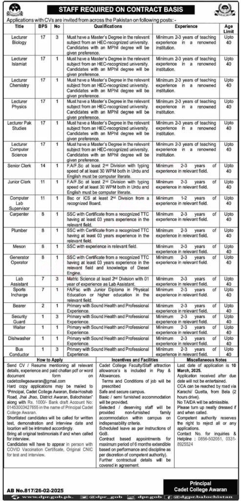 Latest Cadet College Jobs  2025