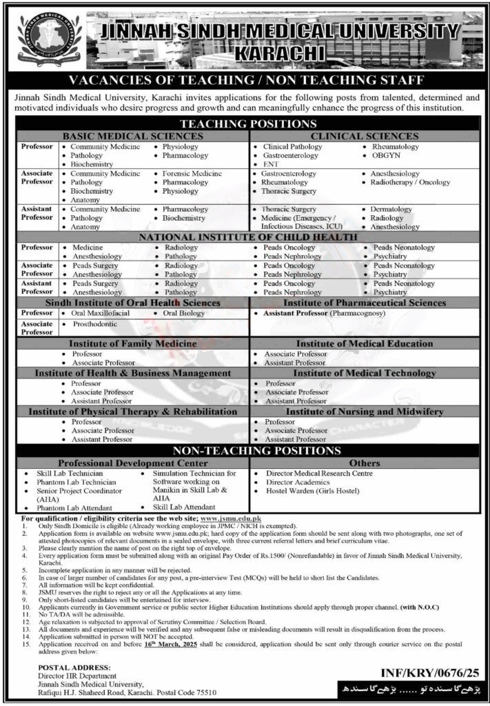 Jinnah Sindh Medical University Jobs 2025