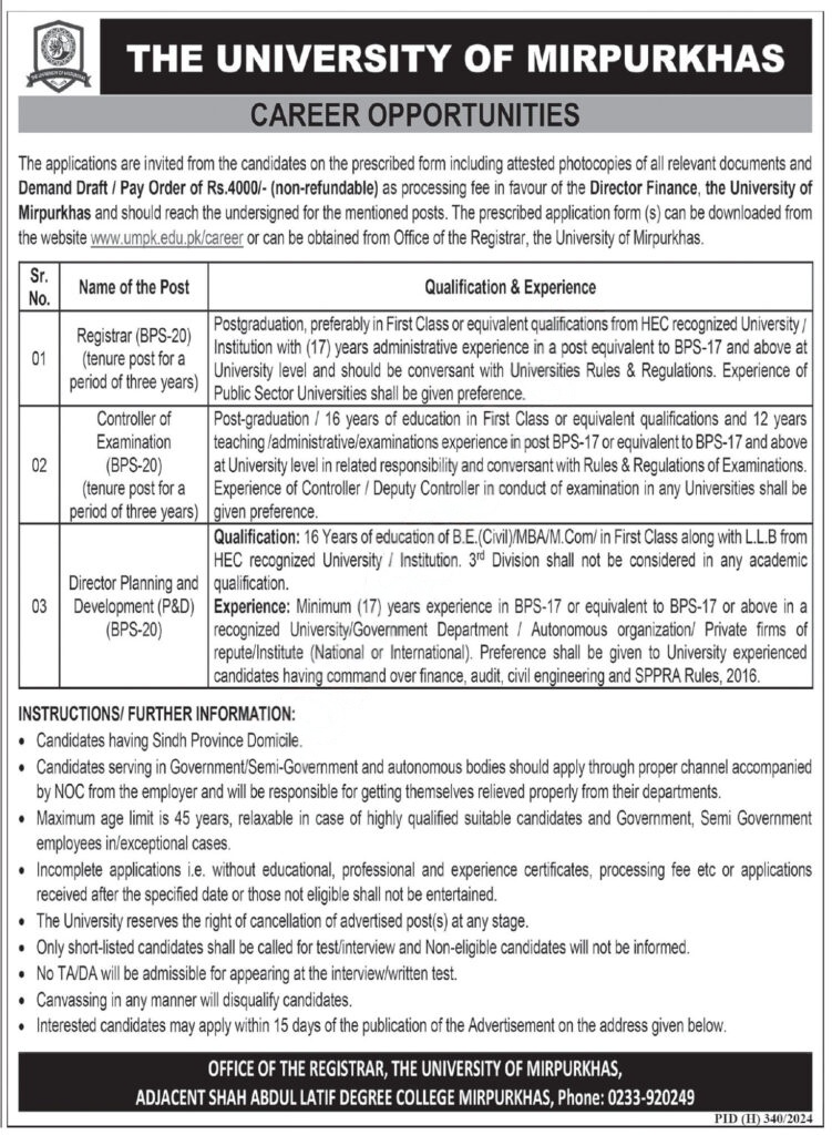 The University of Mirpurkhas Jobs 2025