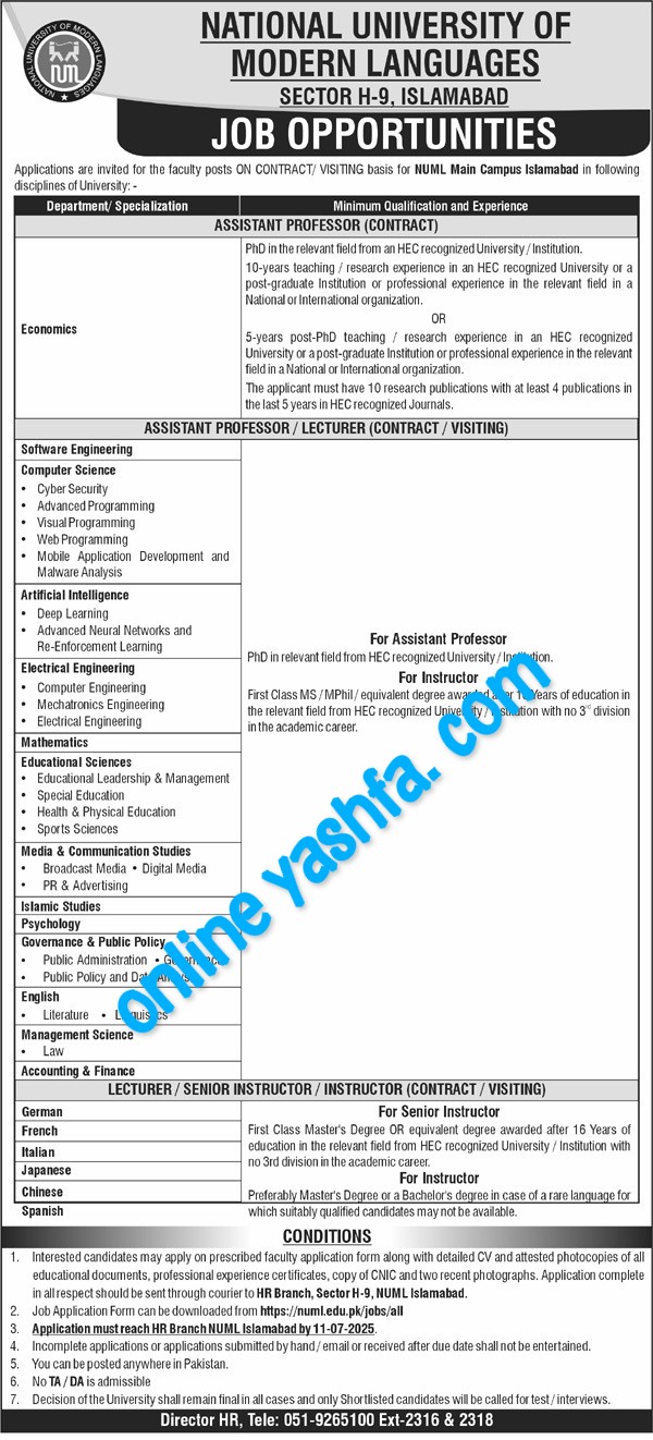 Latest NUML Jobs 2025- National University Of Modern Languages 