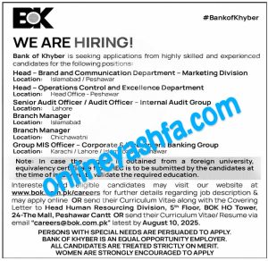 Latest BOK Jobs 2025-Bank of Khyber